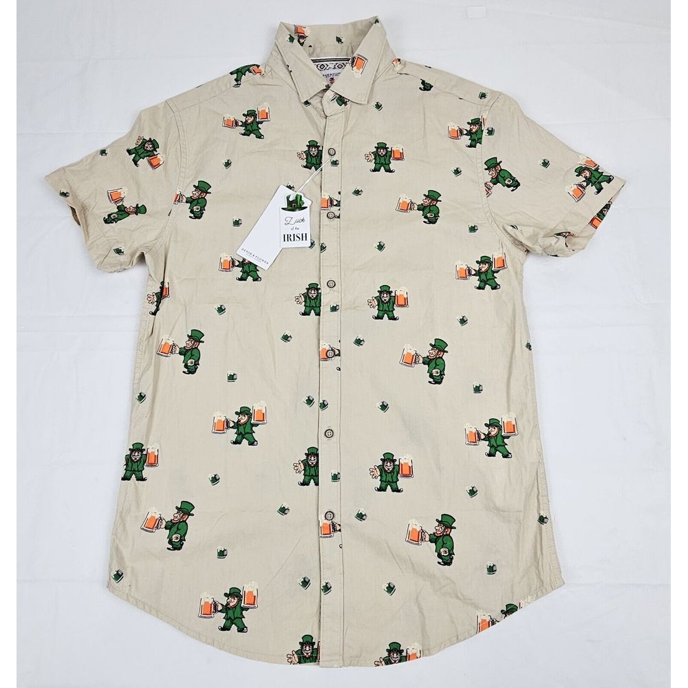 Leprechaun Beer Irish Button Up Shirt Mens Sm. Denim & Flower St. Patrick's Day.